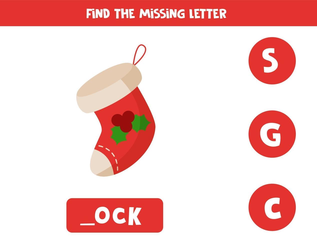 Find missing letter. Cartoon Christmas sock. Educational game. vector