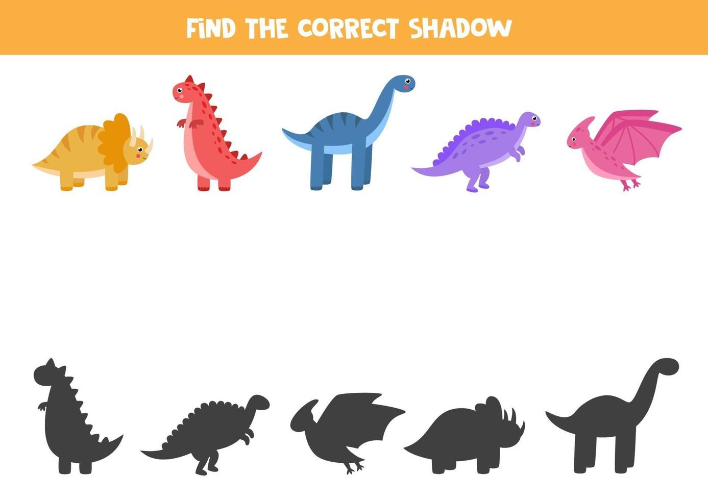 Encuentra las sombras correctas de los dinosaurios. rompecabezas lógico para niños. vector