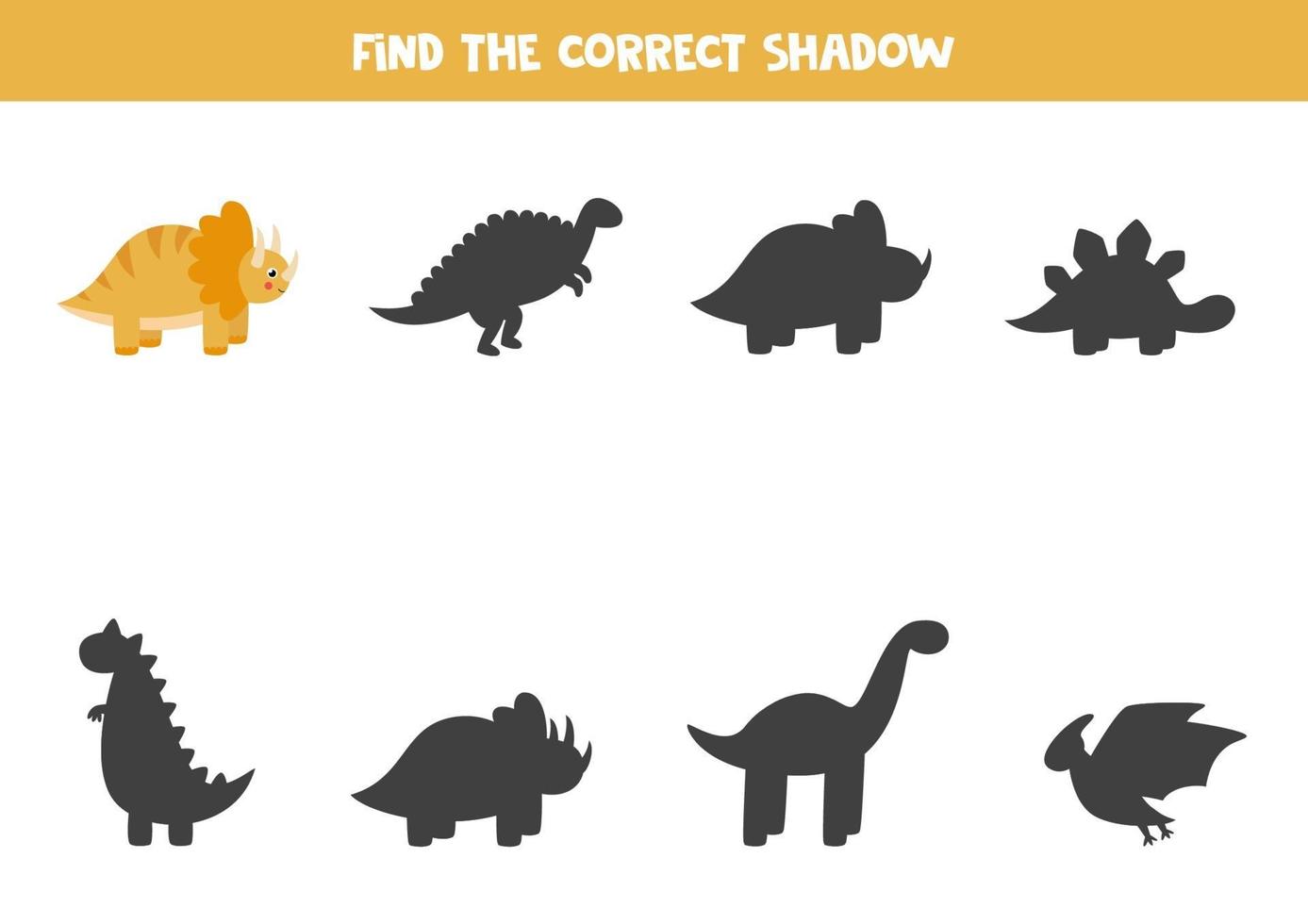 Find the right shadow of cute cartoon trice raptor. vector