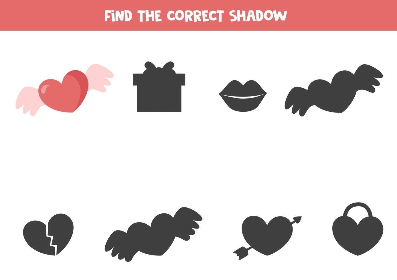 Find the correct shadow of valentine heart. Logical worksheet. vector