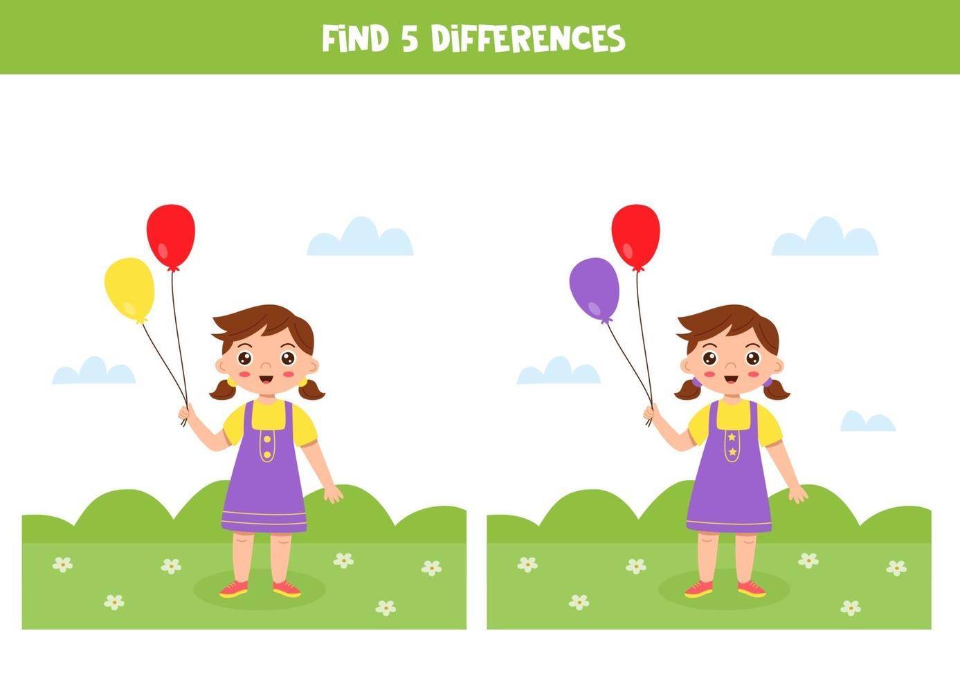 juego de lógica educativo para niños. encuentra 5 diferencias. chica con globos. vector