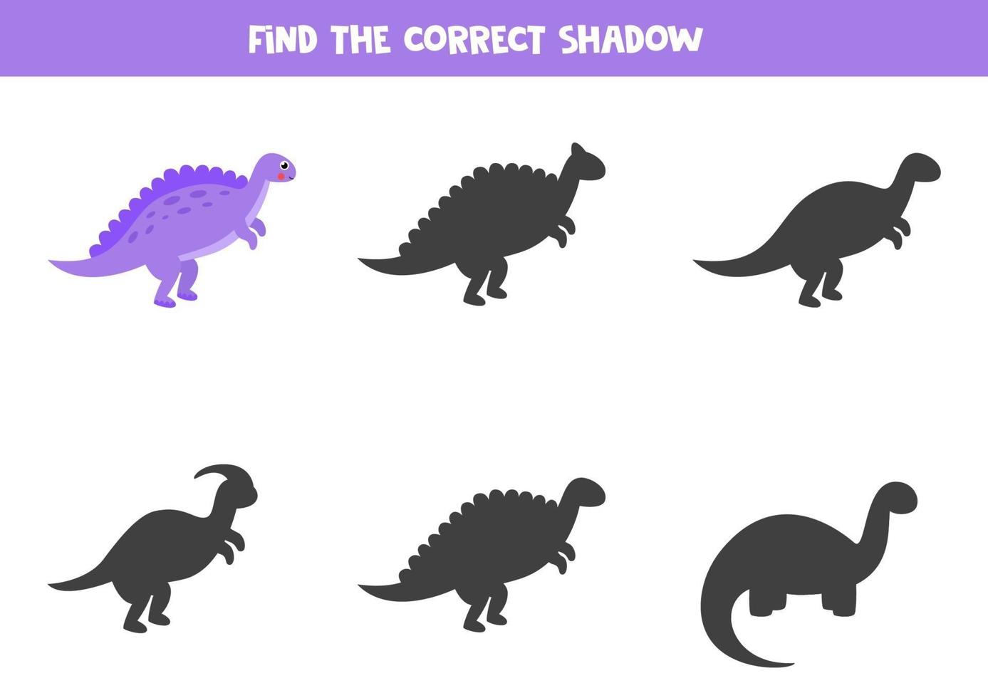 Encuentra la sombra correcta del lindo dinosaurio morado. vector