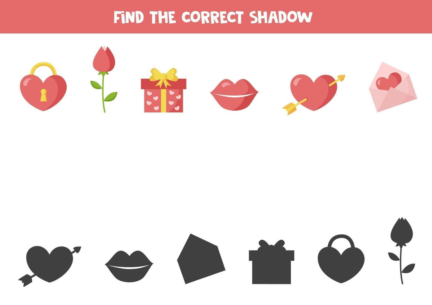 Find the correct shadow of valentine elements. Logical worksheet. vector