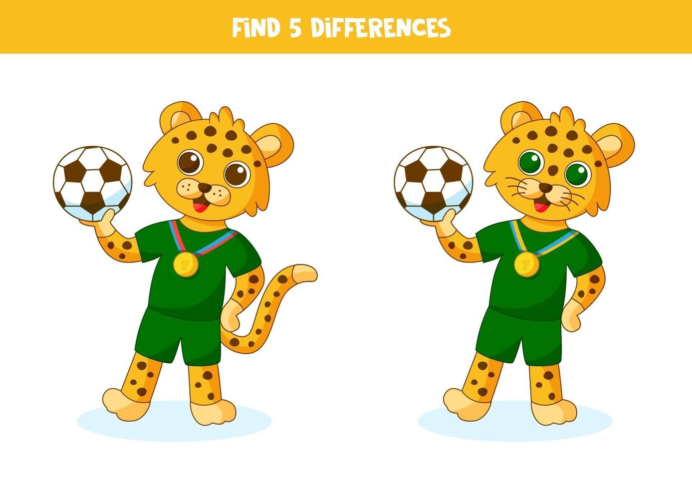 juego de lógica educativo para niños. encuentra 5 diferencias. leopardo sosteniendo la bola. vector