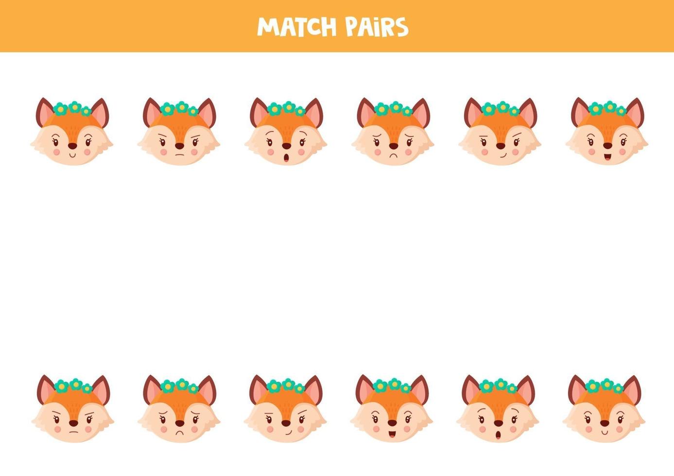 Matching pairs of cute foxes. Educational worksheet. vector