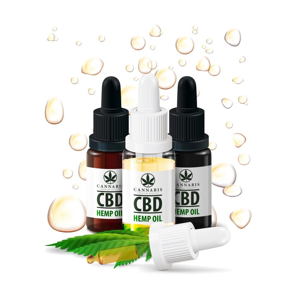 Bottles of CBD oil isolated on white background. Glass bottles of Medical cbd oil with hemp leaf and CBD oil drops on background vector