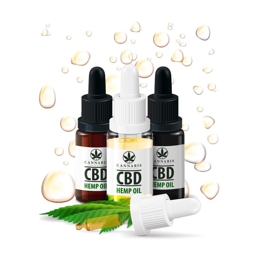 botellas de aceite de cbd aisladas sobre fondo blanco. Botellas de vidrio de aceite de cbd medicinal con hojas de cáñamo y gotas de aceite de cbd en segundo plano. vector