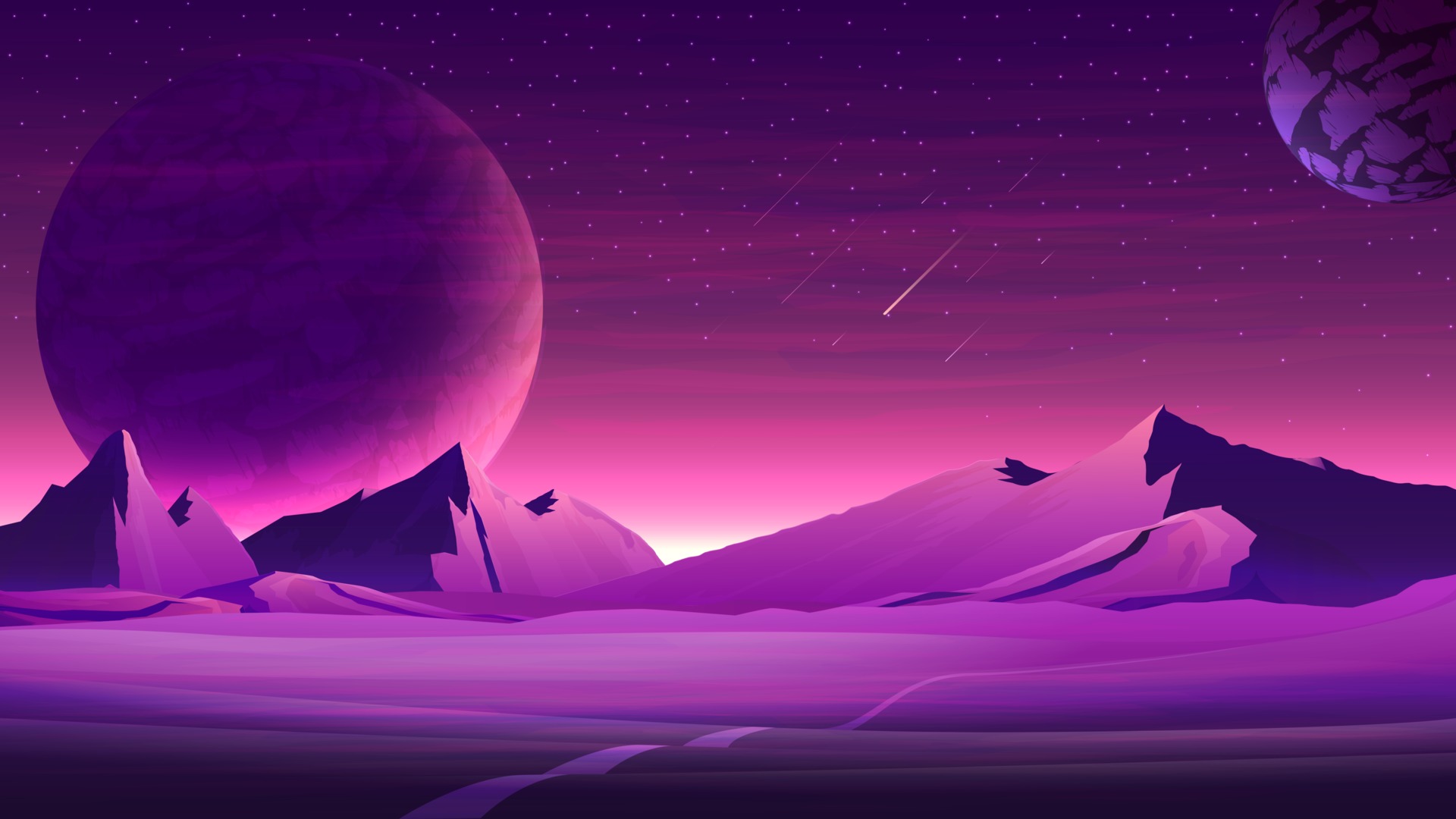 Mars space landscape with planets purple starry sky, meteors and mountains. Nature on another planet with a huge planet on the horizon 2170333 Vector Art at Vecteezy