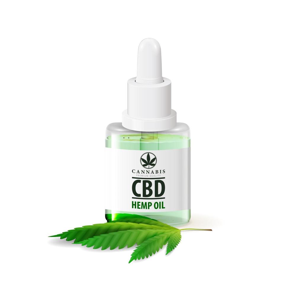 Mockup of CBD oil bottle. Glass transparent bottle of Medical cbd oil and hemp leaf isolated on white background. vector