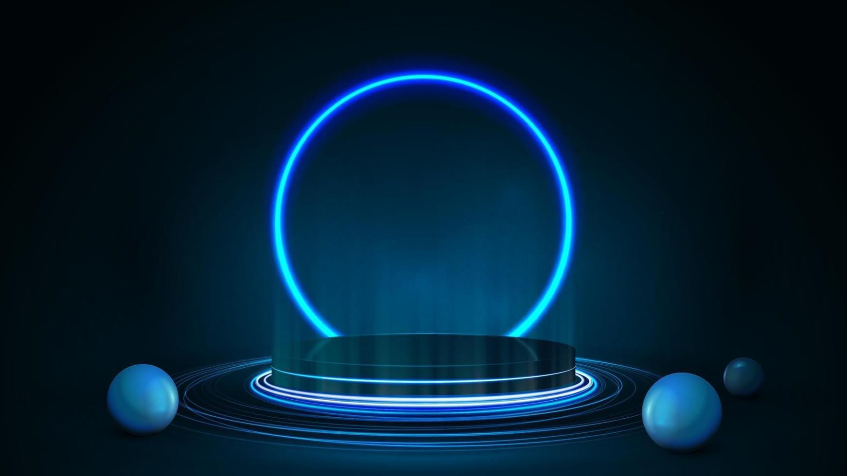 Empty dark podium with realistic spheres and neon ring on background. 3d render illustration with dark and blue abstract scene with neon blue ring vector