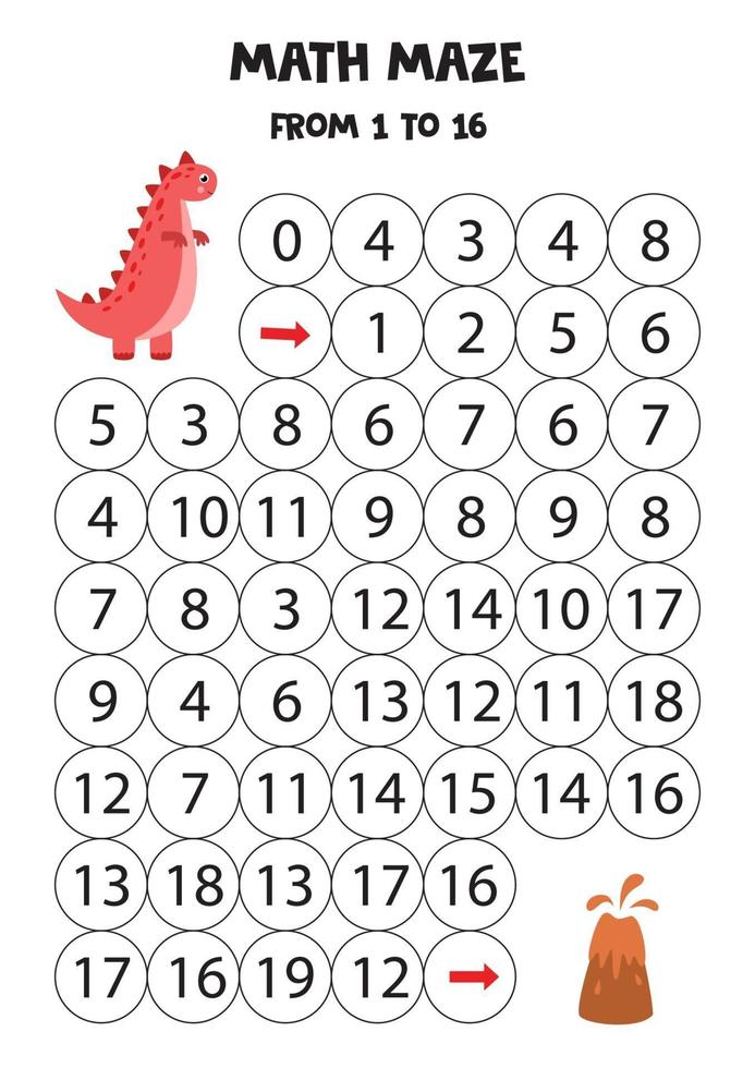 Counting game for kids. Math maze with dinosaur. vector