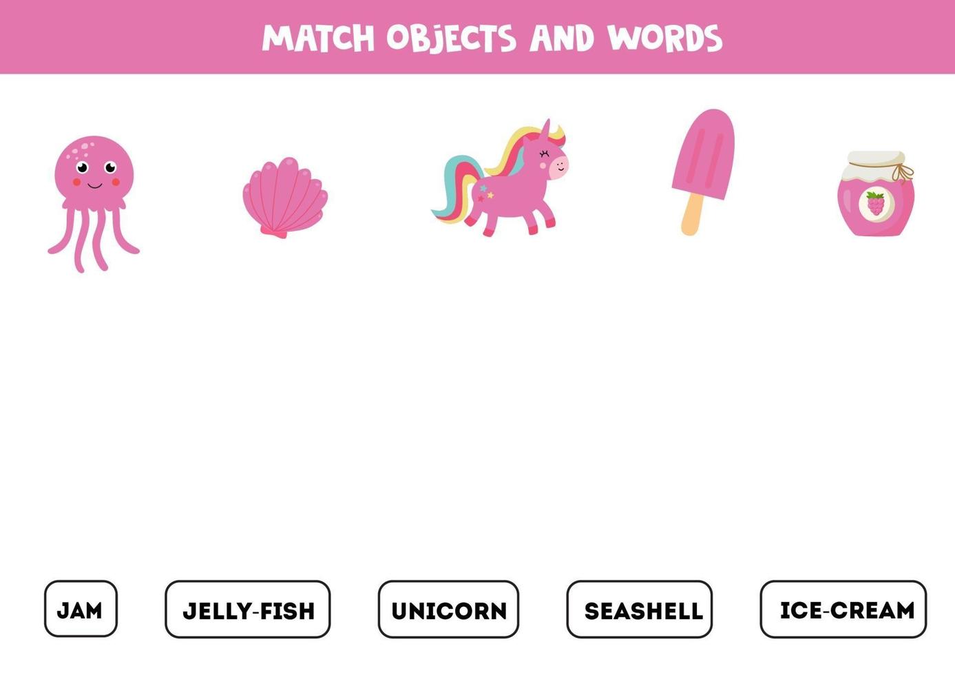 Matching game. Connect words with pictures. Pink objects. vector