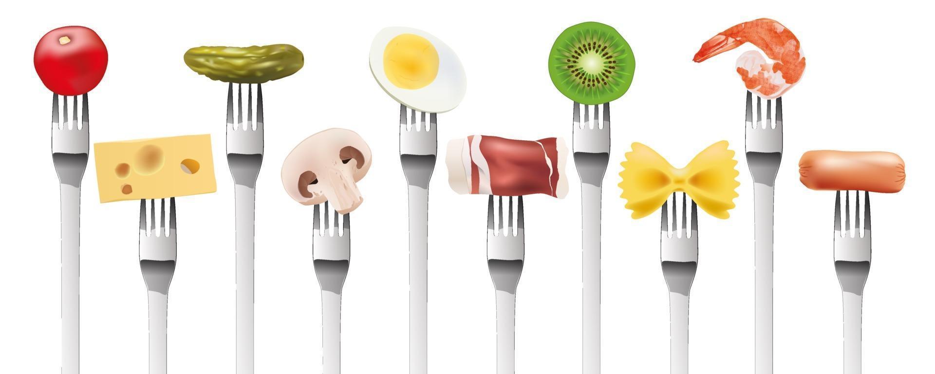 Presentation of Different Foods on Forks vector