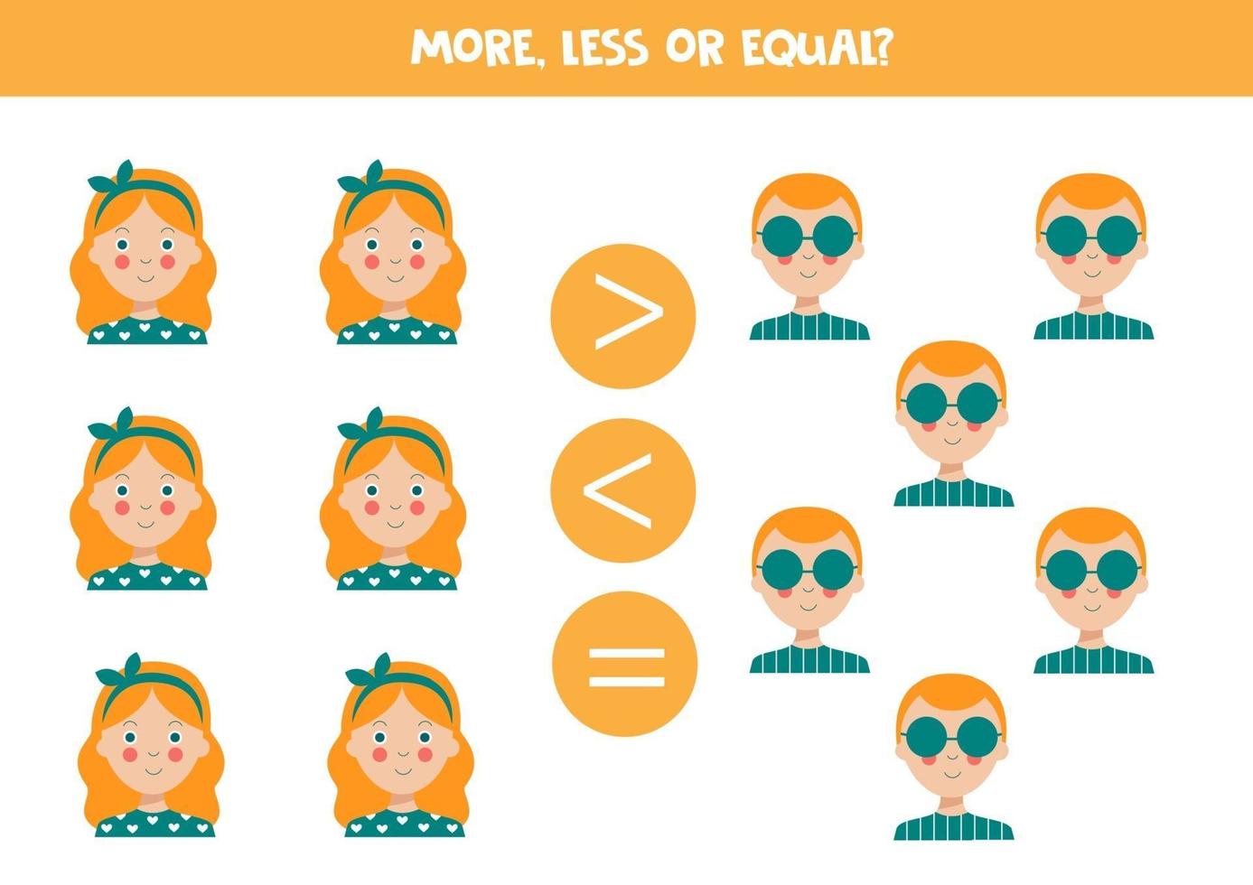 More, less, equal with cute cartoon girls and boys. vector