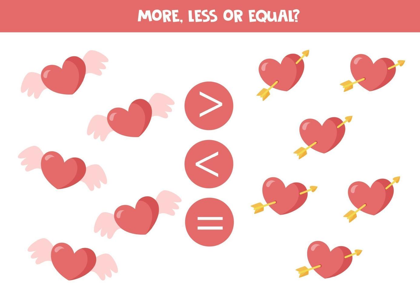 más, menos, igual con lindos corazones de San Valentín. juego de matematicas. vector