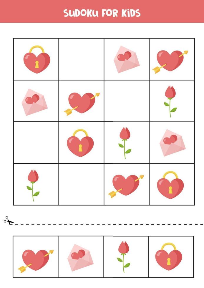 Sudoku game with valentine heart, envelope, rose. vector
