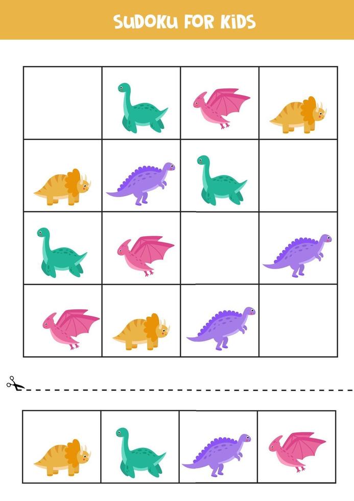 Sudoku game for preschoolers. Cute set of dinosaurs. vector