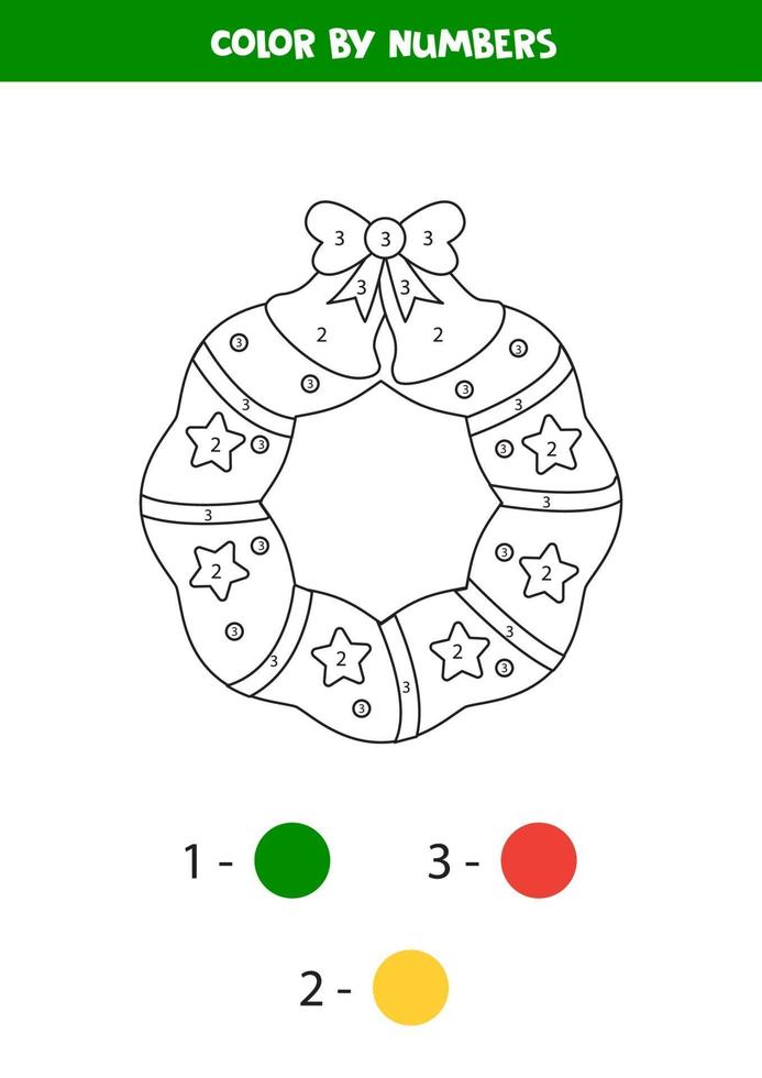 Coloring book of Christmas wreath. Color by numbers. vector