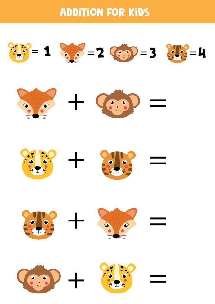 Solve the math equation. Cute cartoon faces of animals. vector