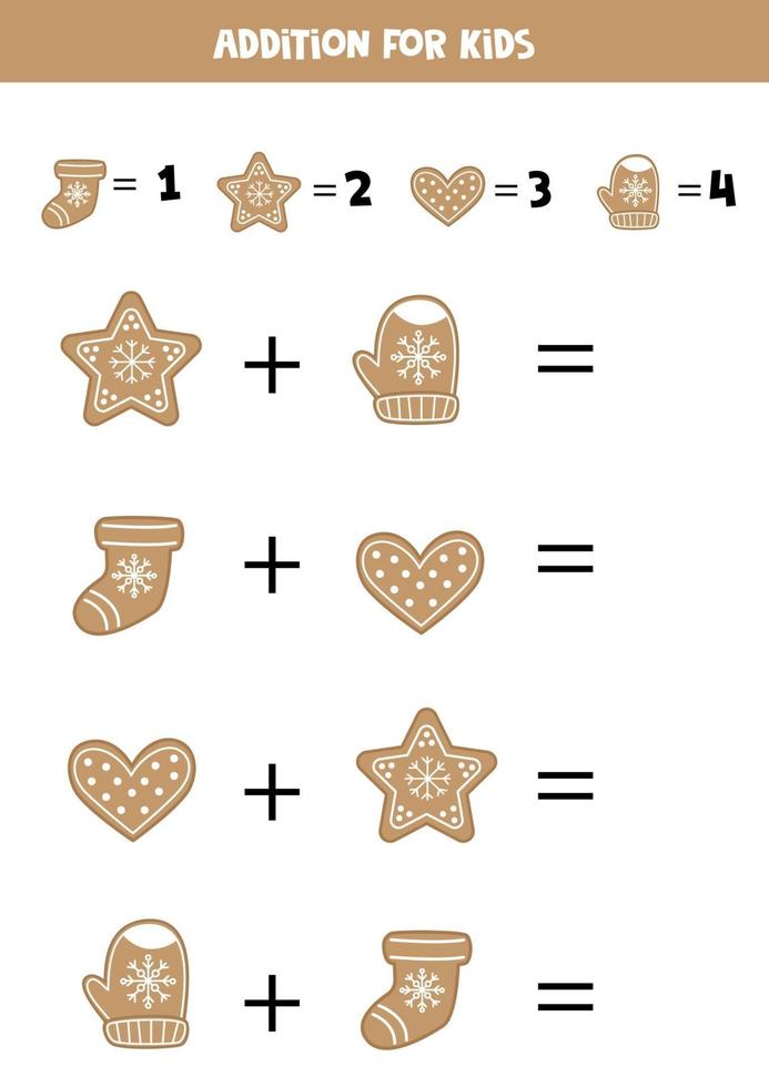 Addition with gingerbread cookies. Mathematical game for kids. vector