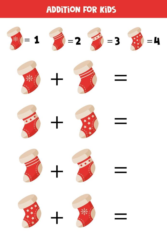 Addition of Christmas socks for kids. Math game. vector