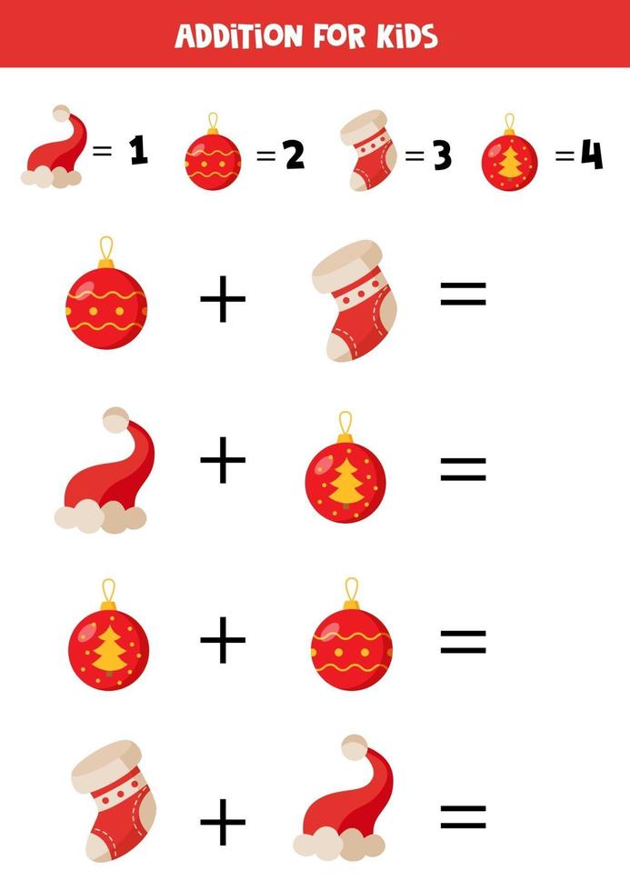 Solve the math equation. Cartoon Christmas socks and hats. vector