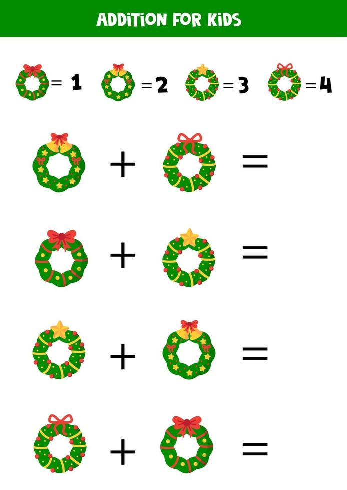 Math addition with Christmas wreaths. Game for kids. vector