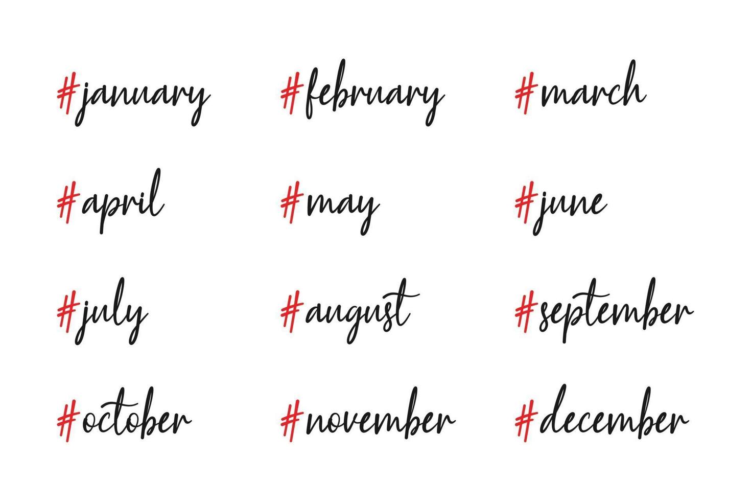 Set of months with the hashtag vector