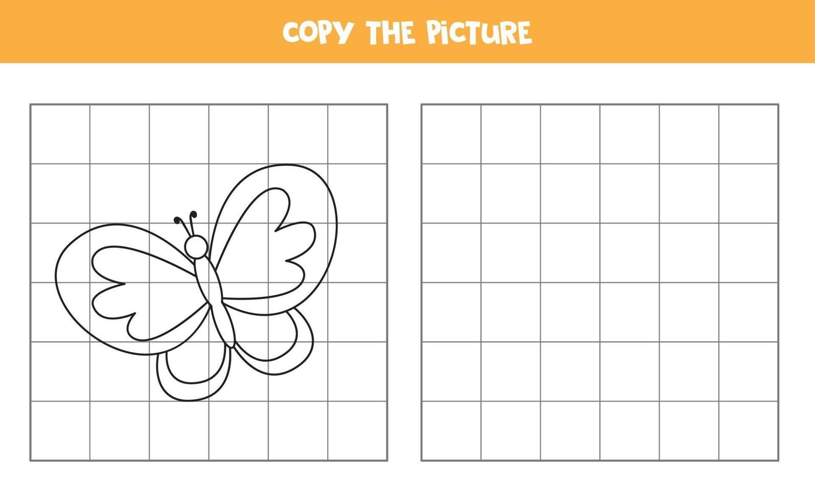 copia la imagen. mariposa de dibujos animados lindo. juego de lógica para niños. vector