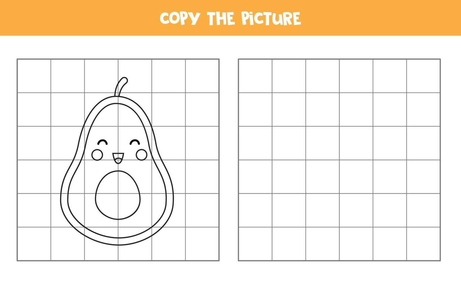 Copy the picture. Cute cartoon avocado fruit. Logical game for kids. vector