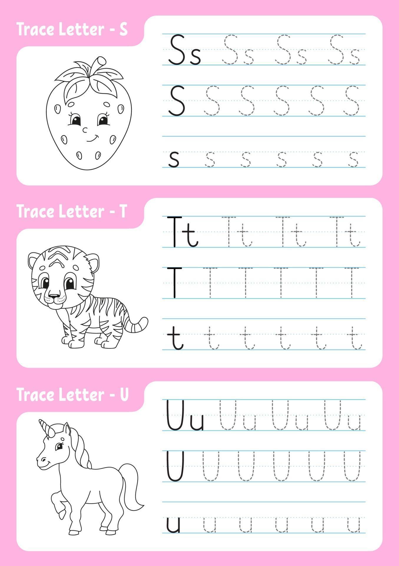 writing letters s t u tracing page worksheet for kids practice