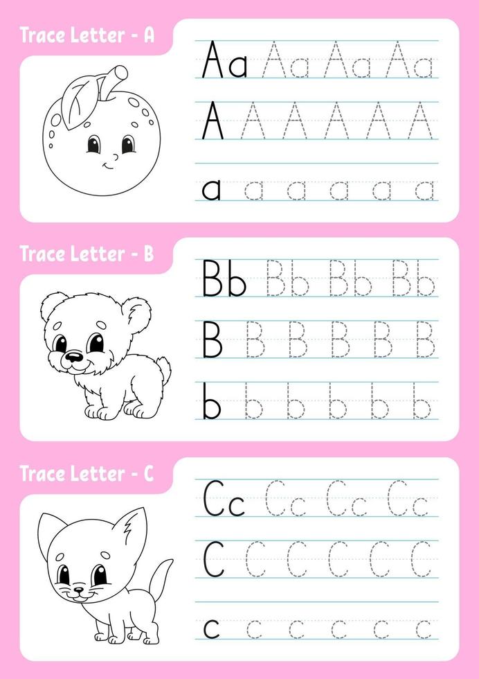 Writing letters a, b, c. Tracing page. Worksheet for kids. Practice sheet. Learn alphabet. Cute characters. Vector illustration. Cartoon style.