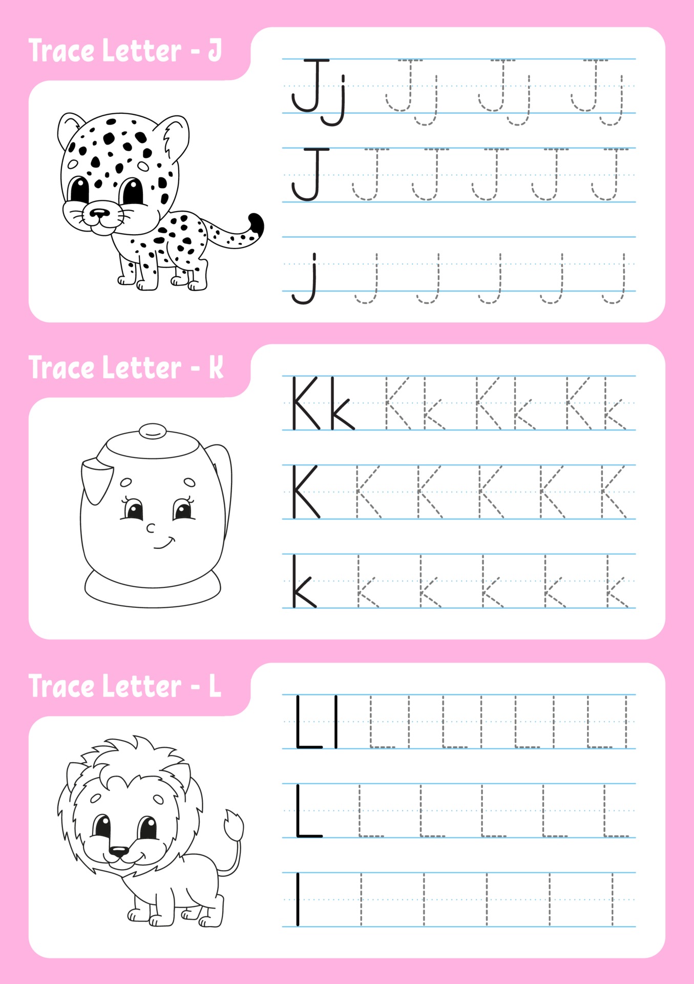 Writing letters j, k, l. Tracing page. Worksheet for kids. Practice
