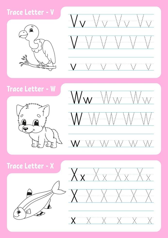 Writing letters v, w, x. Tracing page. Worksheet for kids. Practice sheet. Learn alphabet. Cute characters. Vector illustration. Cartoon style.