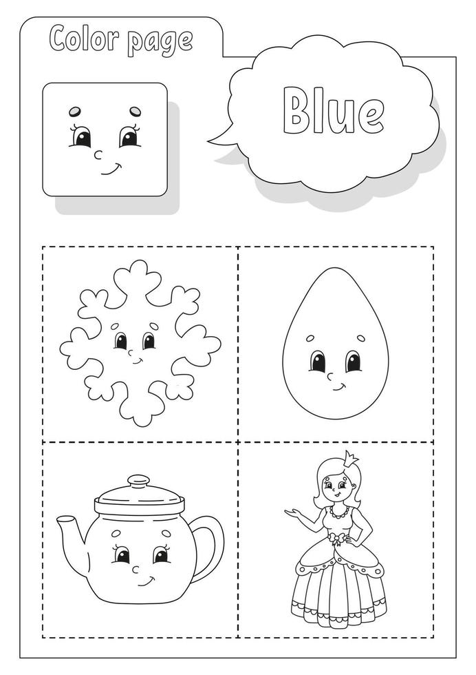 Coloring book blue. Learning colors. Flashcard for kids. Cartoon characters. Picture set for preschoolers. Education worksheet. Vector illustration.