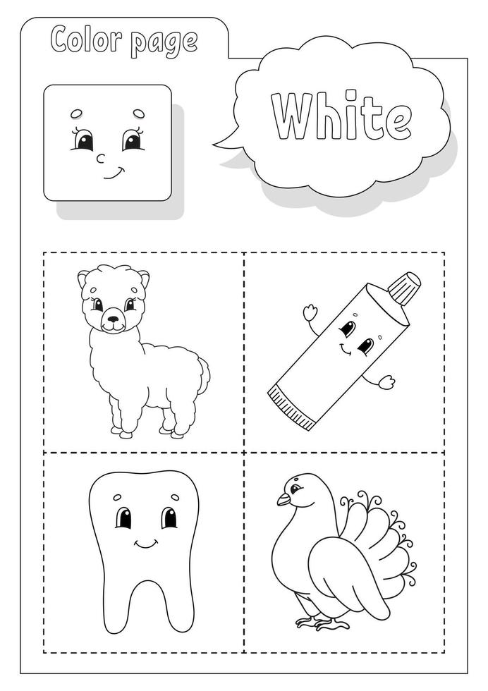 Coloring book white. Learning colors. Flashcard for kids. Cartoon characters. Picture set for preschoolers. Education worksheet. Vector illustration.