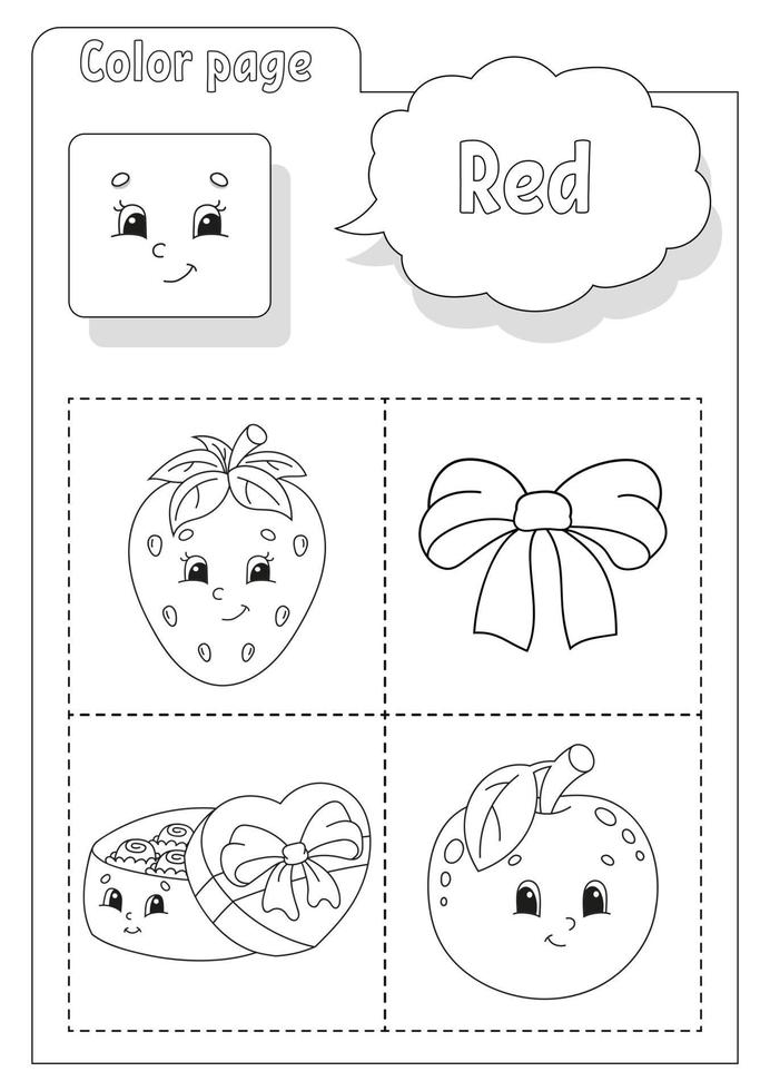 Coloring book red. Learning colors. Flashcard for kids. Cartoon characters. Picture set for preschoolers. Education worksheet. Vector illustration.