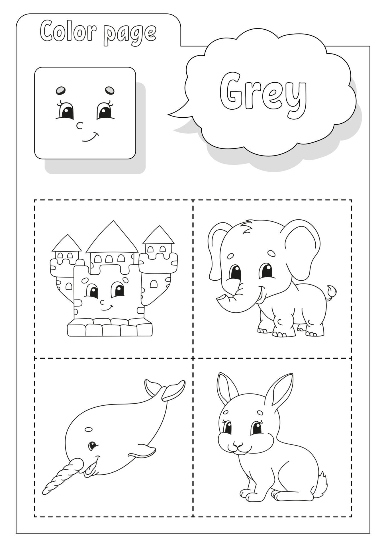Coloring book grey. Learning colors. Flashcard for kids. Cartoon