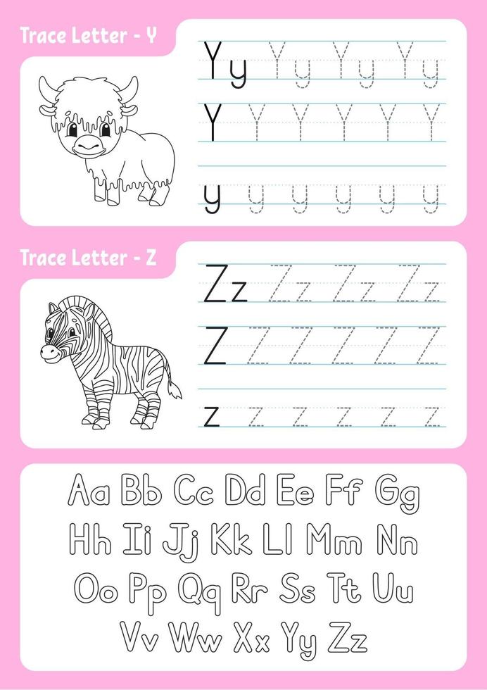 Writing letters y, z. Tracing page. Worksheet for kids. Practice sheet. Learn alphabet. Cute characters. Vector illustration. Cartoon style.