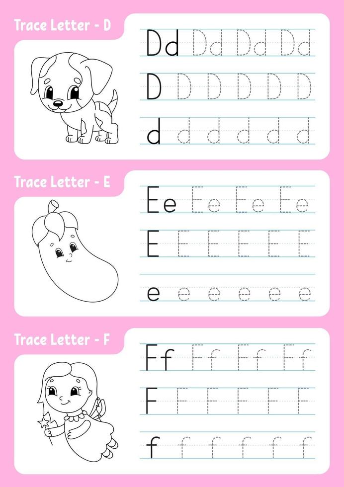 Writing letters d, e, f. Tracing page. Worksheet for kids. Practice sheet. Learn alphabet. Cute characters. Vector illustration. Cartoon style.