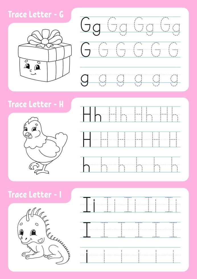 escribir letras g, h, i. página de seguimiento. hoja de trabajo para niños. hoja de práctica. aprender el alfabeto. personajes lindos. ilustración vectorial. estilo de dibujos animados. vector