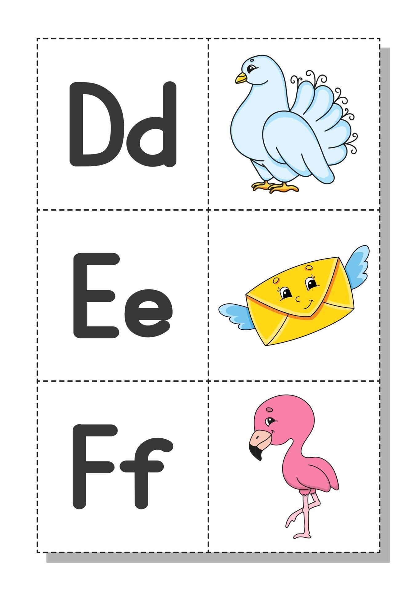 english alphabet with cartoon characters d e f flash cards vector set bright color style learn abc lowercase and uppercase letters 2170487 vector art at vecteezy