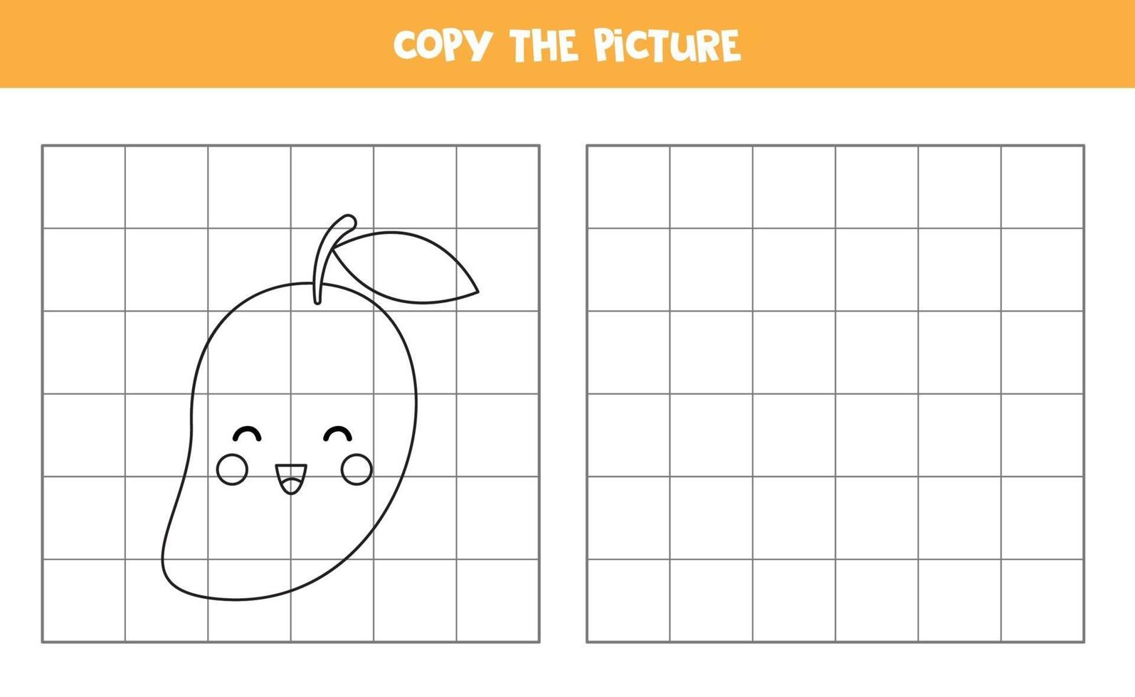 Copy the picture. Cute cartoon mango fruit. Logical game for kids. vector