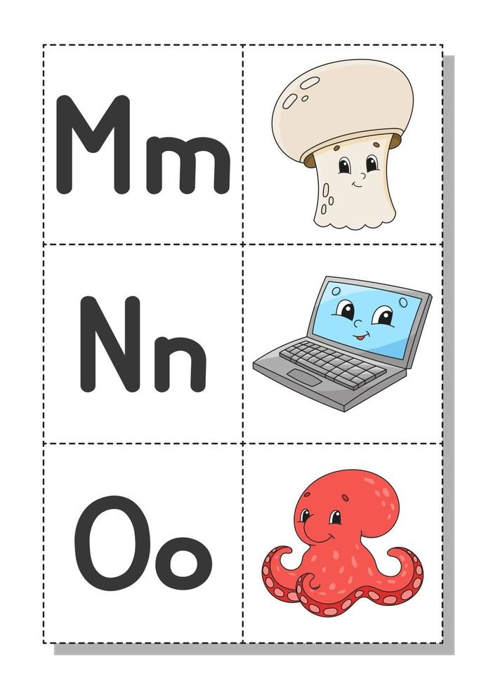 English alphabet with cartoon characters m, n, o. Flash cards. Vector set. Bright color style. Learn ABC. Lowercase and uppercase letters.
