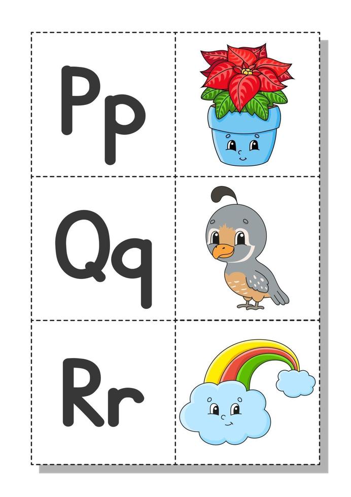 English alphabet with cartoon characters p, q, r. Flash cards. Vector set. Bright color style. Learn ABC. Lowercase and uppercase letters.