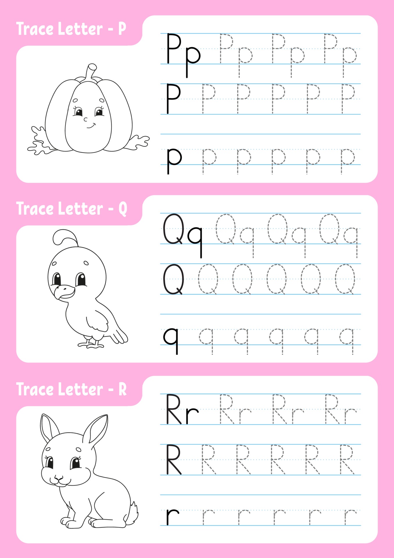 Writing letters p, q, r. Tracing page. Worksheet for kids. Practice