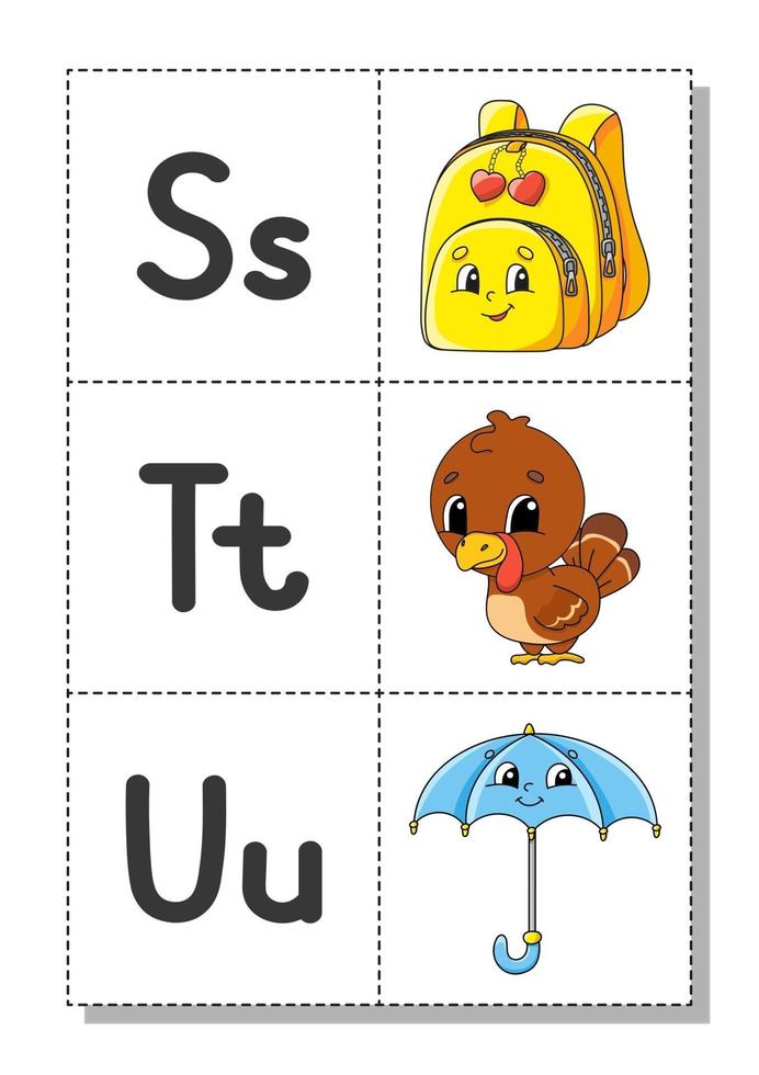 English alphabet with cartoon characters s, t, u. Flash cards. Vector set. Bright color style. Learn ABC. Lowercase and uppercase letters.
