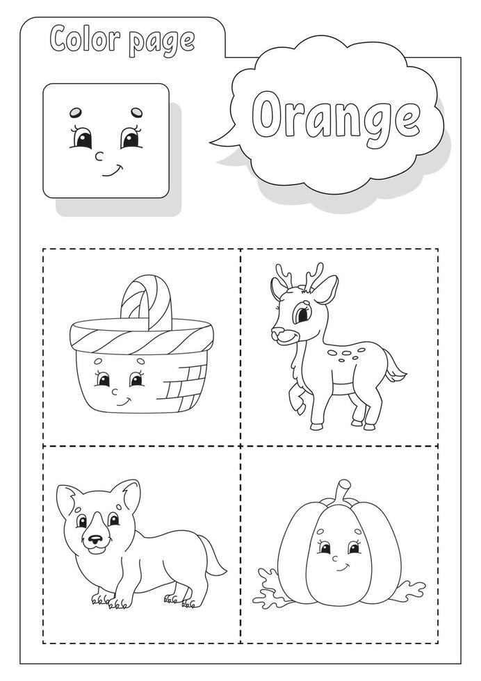 libro para colorear naranja. aprendiendo colores. flashcard para niños. Personajes de caricatura. conjunto de imágenes para niños en edad preescolar. hoja de trabajo de educación. ilustración vectorial. vector