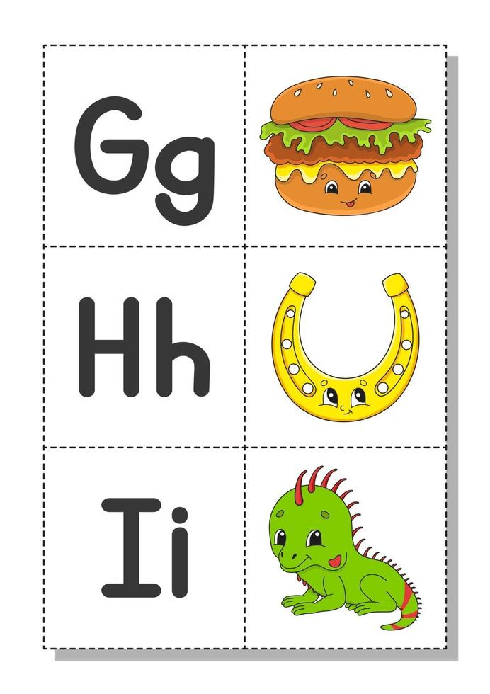 English alphabet with cartoon characters g, h, i. Flash cards. Vector set. Bright color style. Learn ABC. Lowercase and uppercase letters.