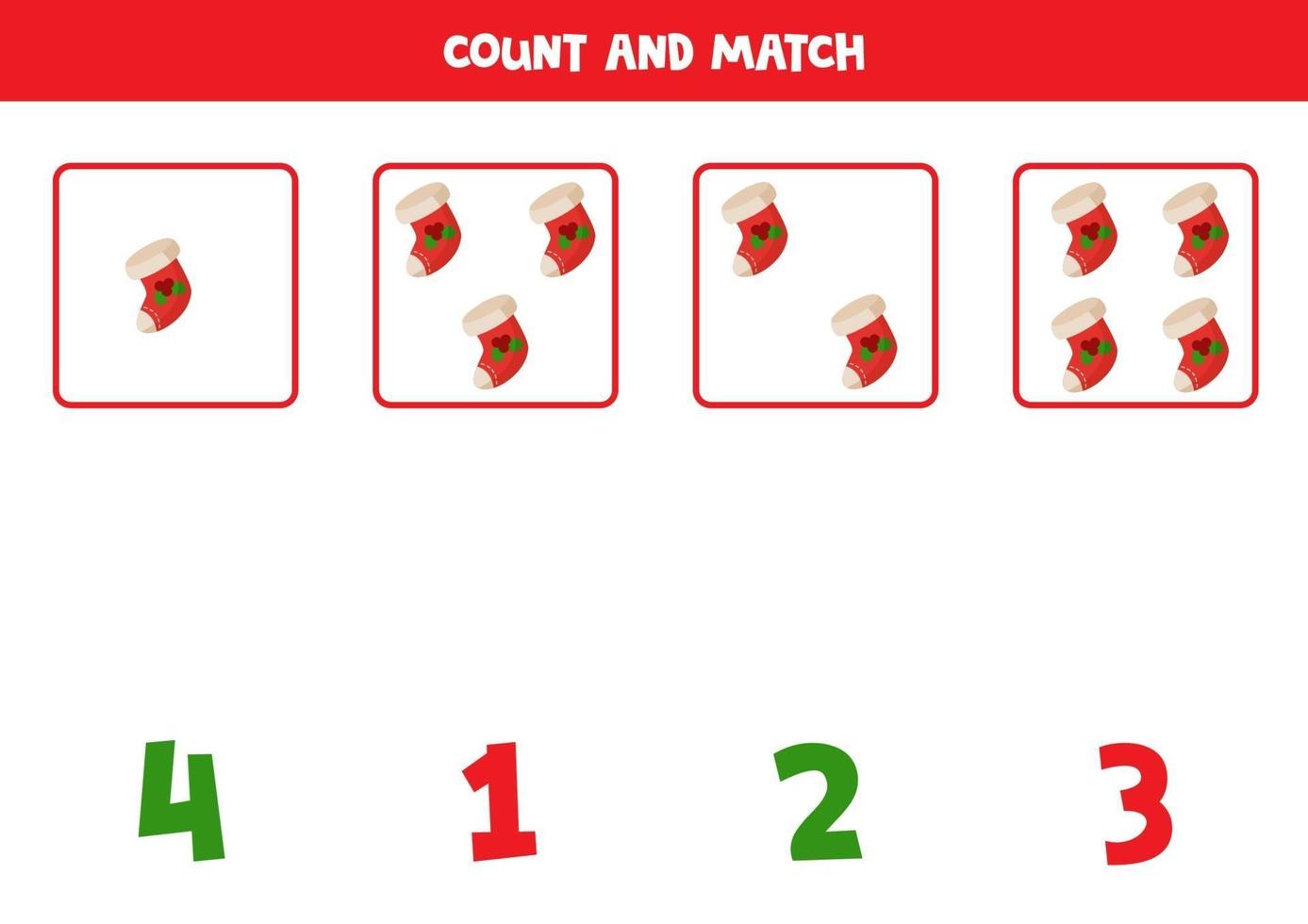 Counting game with Christmas socks. Mathematical worksheet. vector